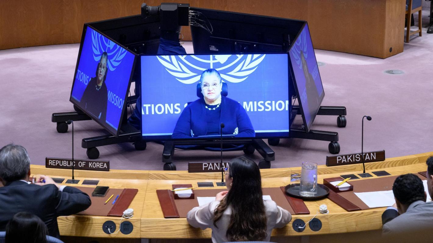 Photo of SRSG Hanna Tetteh, briefs Security Council on the situation in Libya on screen online from Tripoli