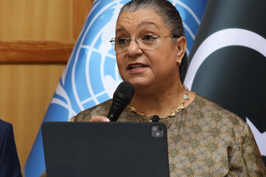 الممثلة الخاصة للأمين العام السيدة هانا تيتيه أثناء إلقائها الكلمة الافتتاحية للمعرض